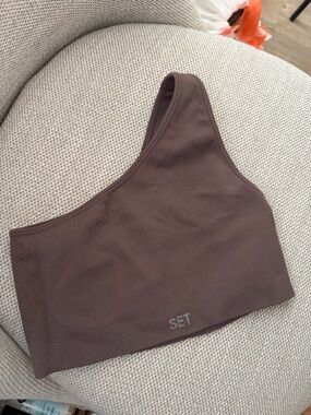 SET Active One-Shoulder Ribbed Bralette in Taupe